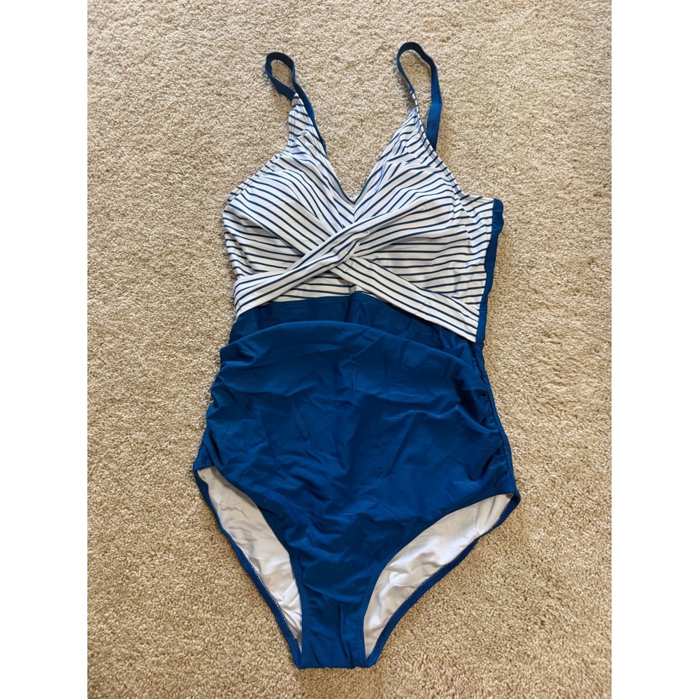 Blue White Striped Surplice One Piece Swimsuit Ruched Front Adjustable Straps‎ L